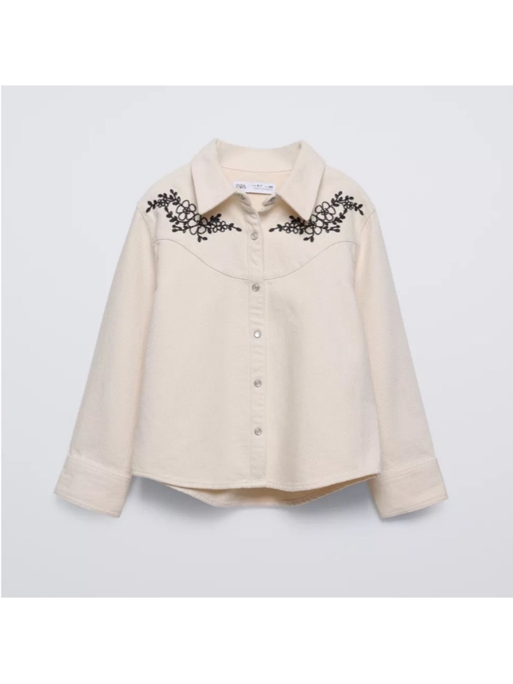 Zara Cream Button-Down Shirt with Black Floral Embroidery